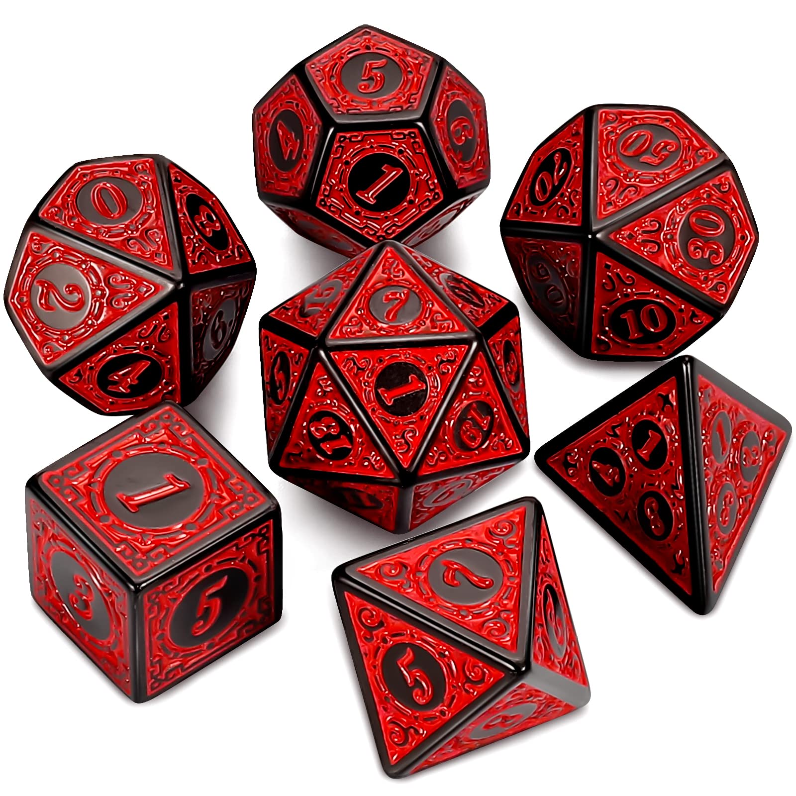 QMAY DND Dice Polyhedral Dice Set - 7 Pieces for Dungeon and Dragons MTG RPG D&D D20, D12, D10, D%, D8, D6, D4 (Red Engraving) — image 1