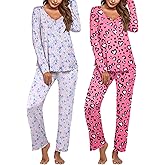 Ekouaer Womens 2 Pack Pajama Set Long Sleeve Pajamas Top and Pants V Neck Pjs Set Soft Sleepwear Loungewear