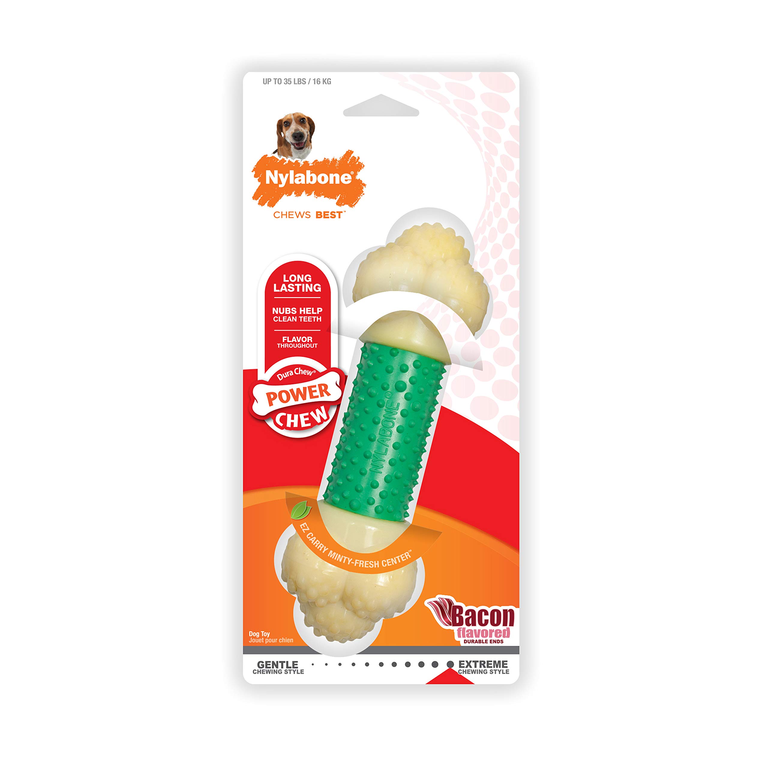 Nylabone Extreme Tough Double Action Dog Chew Toy Bone, Cleans Teeth, Bacon Flavour, Medium, for Dogs Up to 16 kg