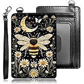 BREIDMKFM Credit Card Holder Slim Wallet,RFID Wallet Women Front Pocket Small Card Holder Travel Cute Thin Minimalist Card Case Leather Flat Wallet with ID Window&Wrist Strap,Bee Floral Moon