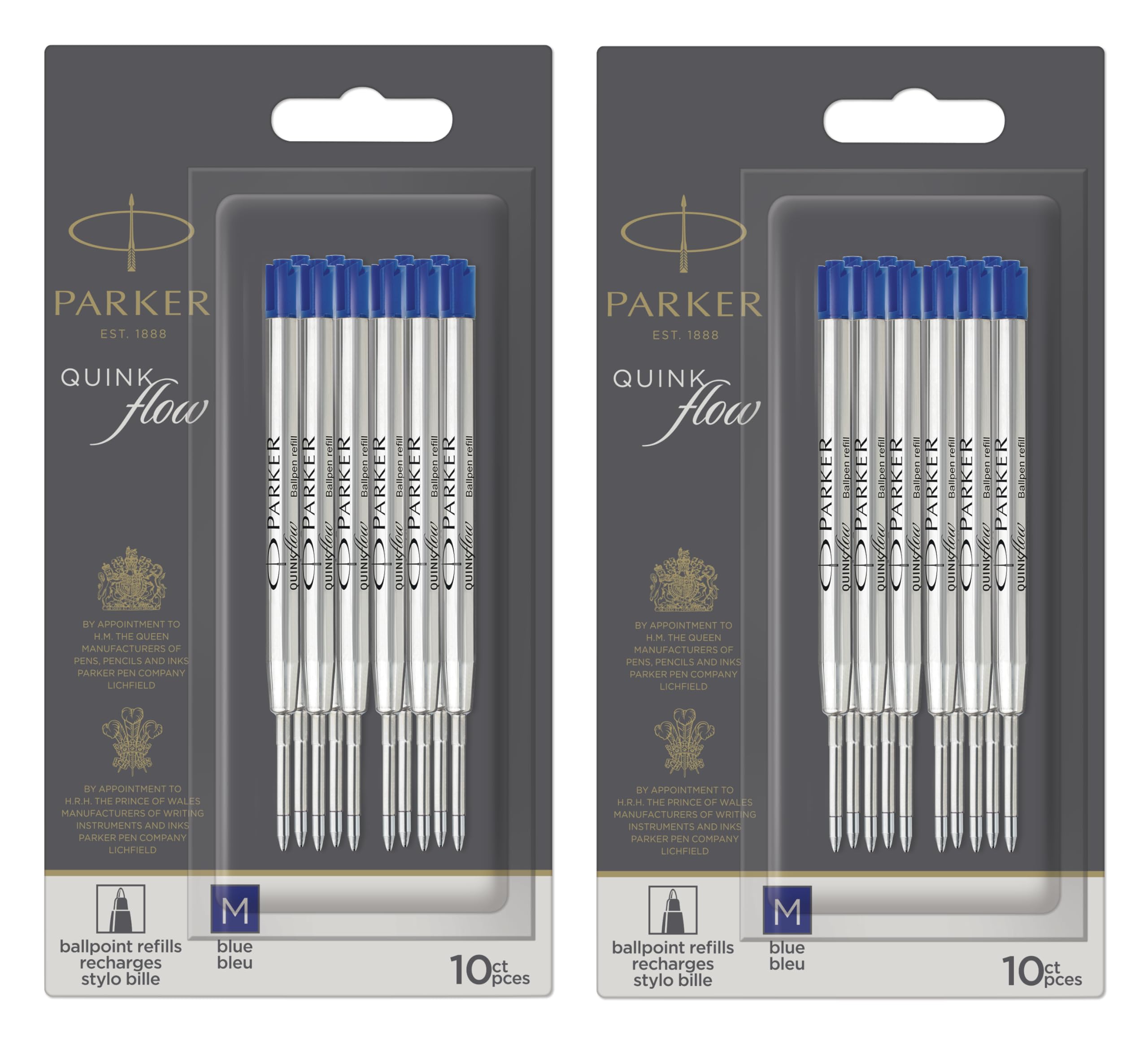 Parker Metal Ballpoint Pen Refills | Medium Point 0.7mm | Blue QUINKflow Ink | Pack of 20