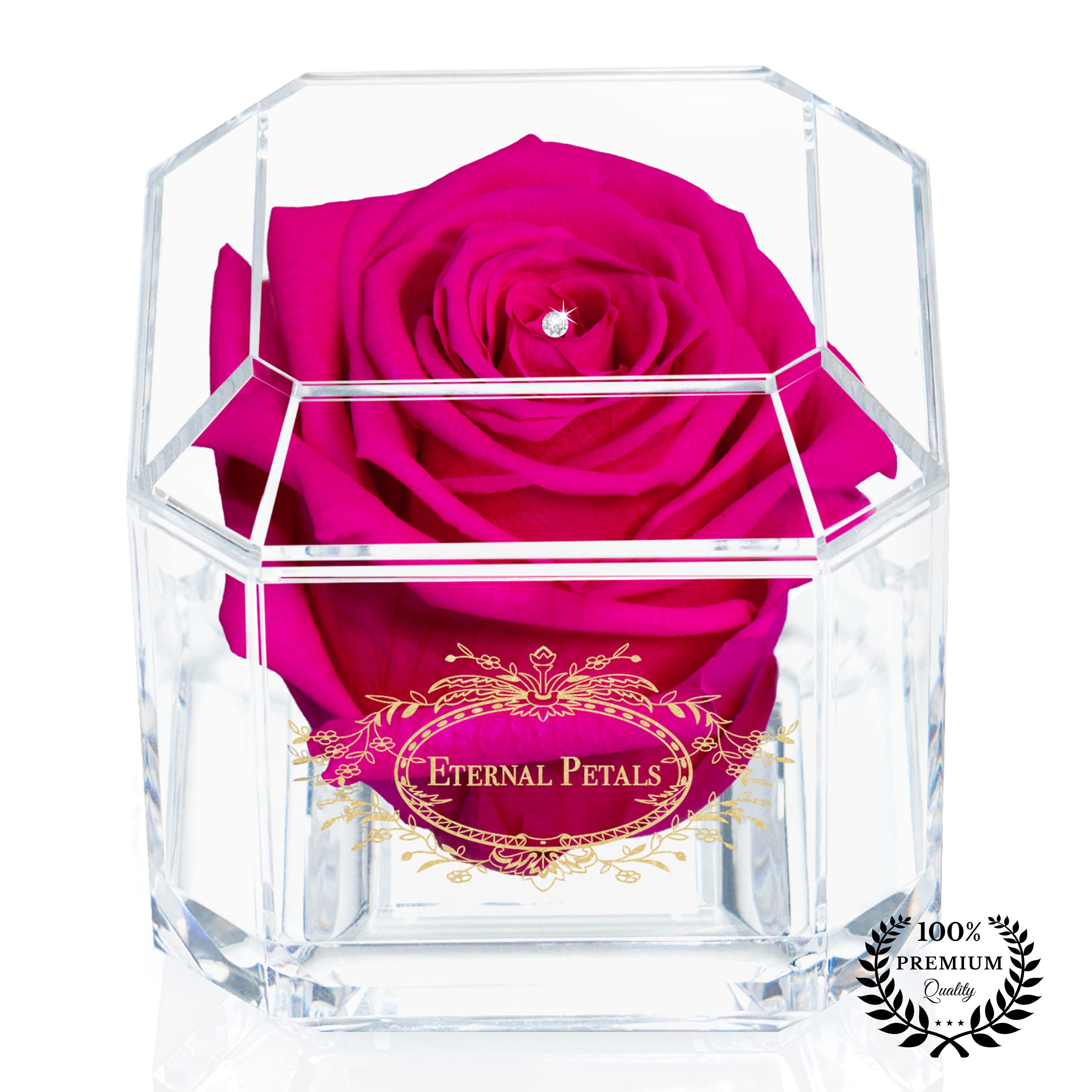 A 100% Real Rose That Lasts Years - Eternal Petals, Handmade in UK – Gold Solo with A Clear Crystal (Hot Pink)