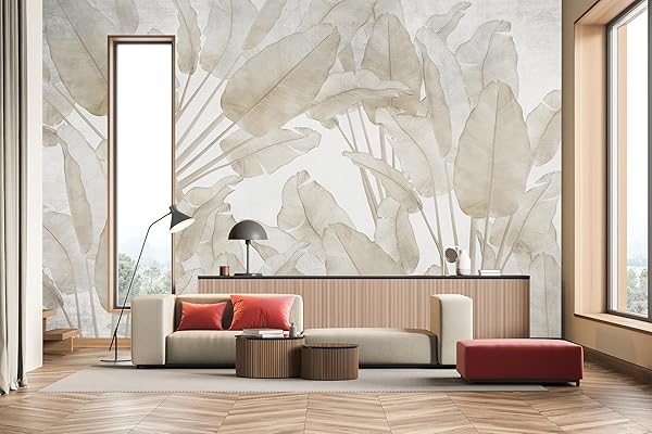WFBHUA-BEIGE BANANA LEAF WALLPAPER PEEL AND STICK TROPICAL SELF-ADHESIVE WALL MURAL FOR LIVING ROOM BEDROOM 157“X108