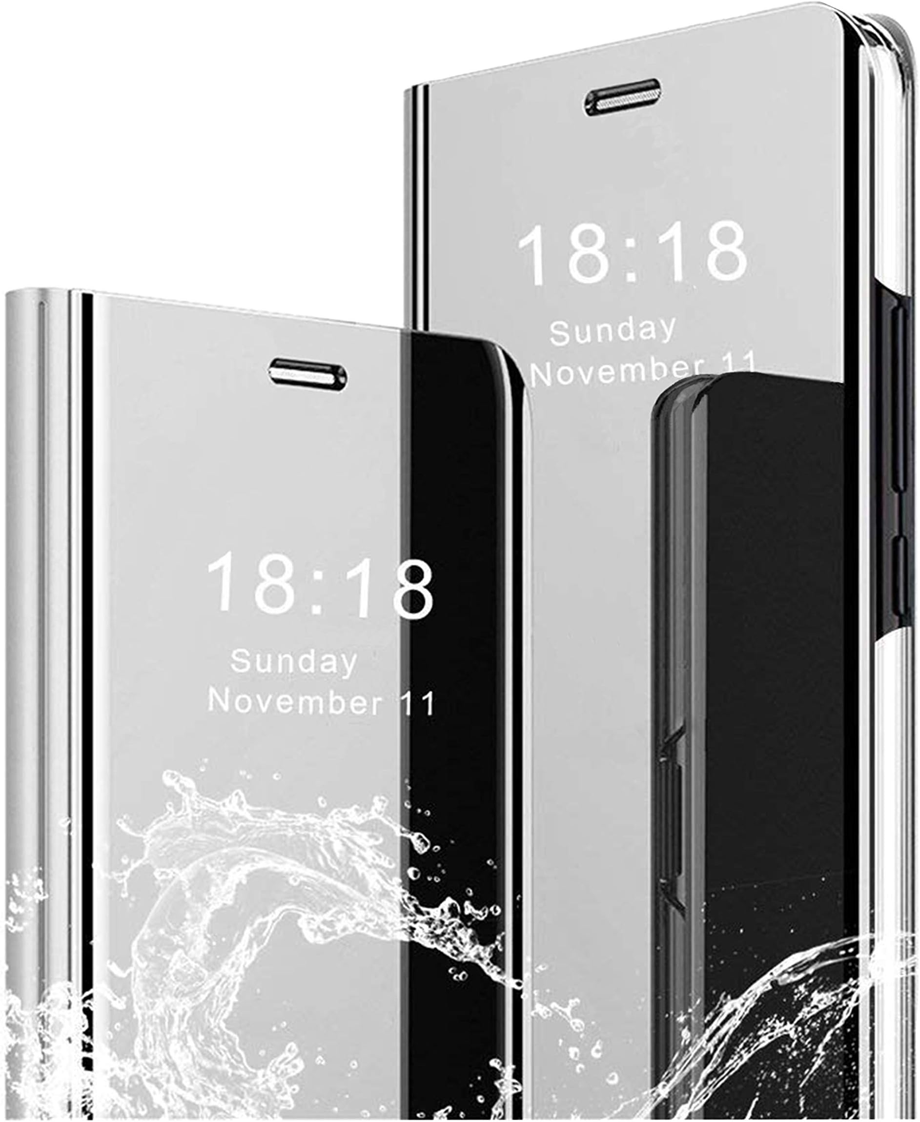 MLOTECH Case for Huawei P30 case ,Cover + tempered glass Flip Clear View Translucent Standing Cover Mirror Plating Holder Full Body 360°Smart Cover Protection Silver