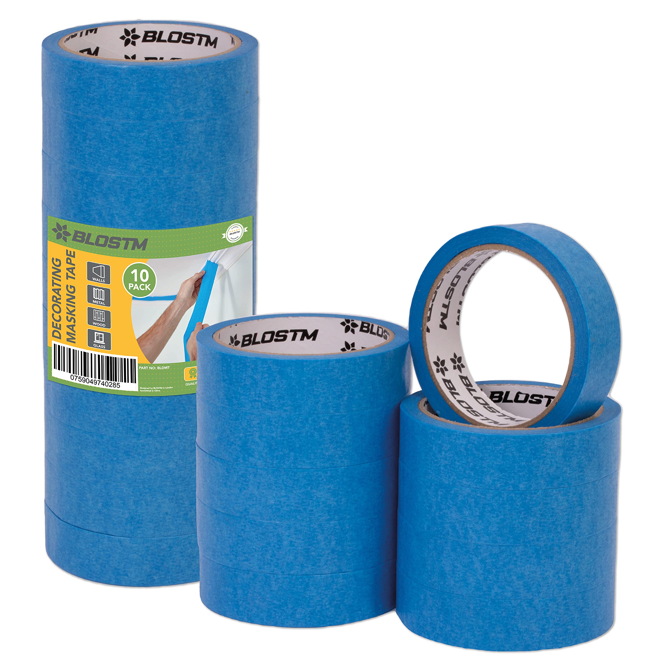 BLOSTM Blue Masking Tape For Painting & Decorating - 10PCS - 24mm X 20m Utilise for Labelling, 3D Printer Heated Bed or Decorators Tape For Painters - NO RESIDUE - 10 Pack