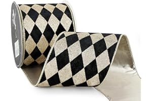 MAYREEL Black Crushed Velvet Wired Ribbon 4 Inch Extra Wide Christmas Ribbon with Gold Diamond Lattice Glitter, 10-Yard Roll for Christmas Tree, Wreaths, Bows & Elegant Holiday Décor