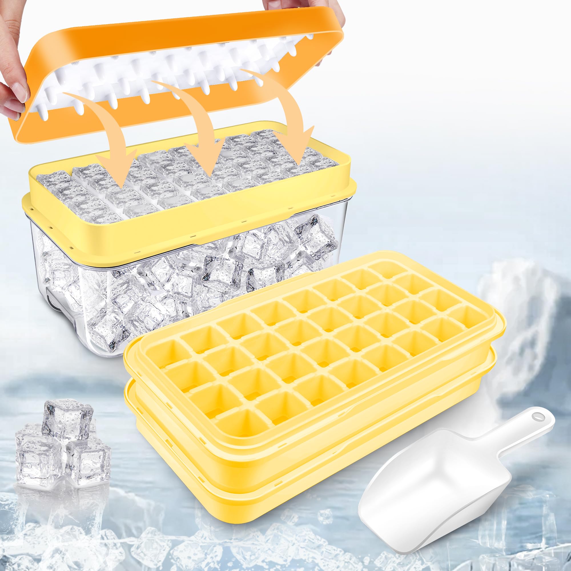 QUELIEN Ice Cube Tray, Press Type Maker, Trays with Lid and Storage, Moulds, 64 Pcs Cubes, Easy to Release Ice, BPA Free, Cover 2 1 Bucket & Scoop (QU-Yellow ice tray)
