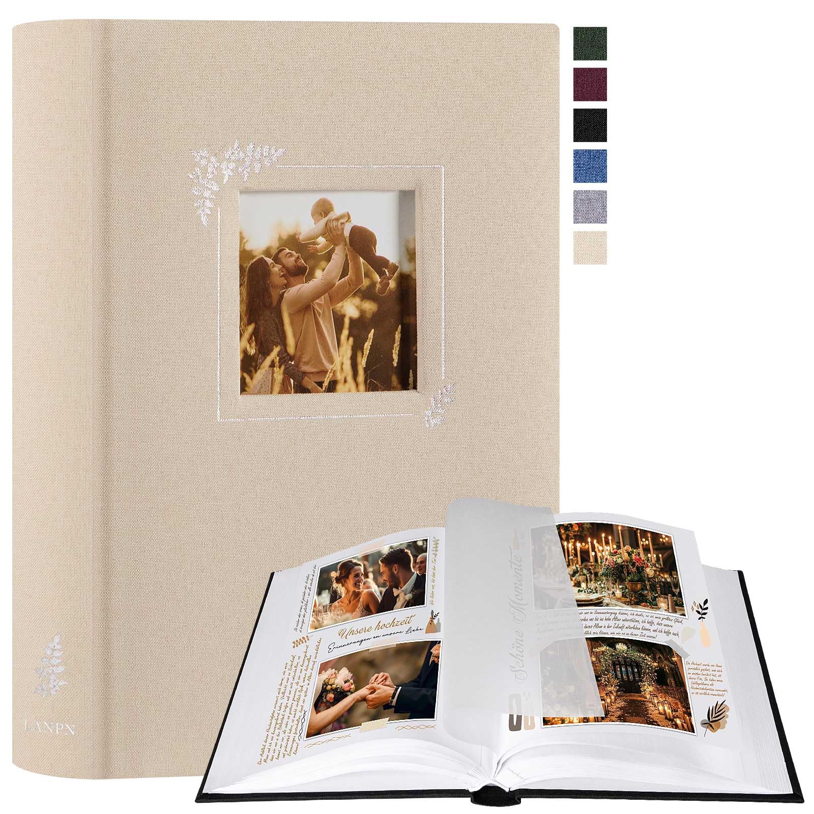 Lanpn Photo Album, Small Linen DIY Window Design, Scrapbook, 60 Blank Pages with Cellophane Dividers for Photos 9 x 13 cm, 10 x 15 cm, 13 x 18 cm (19 x 27 cm, Beige)