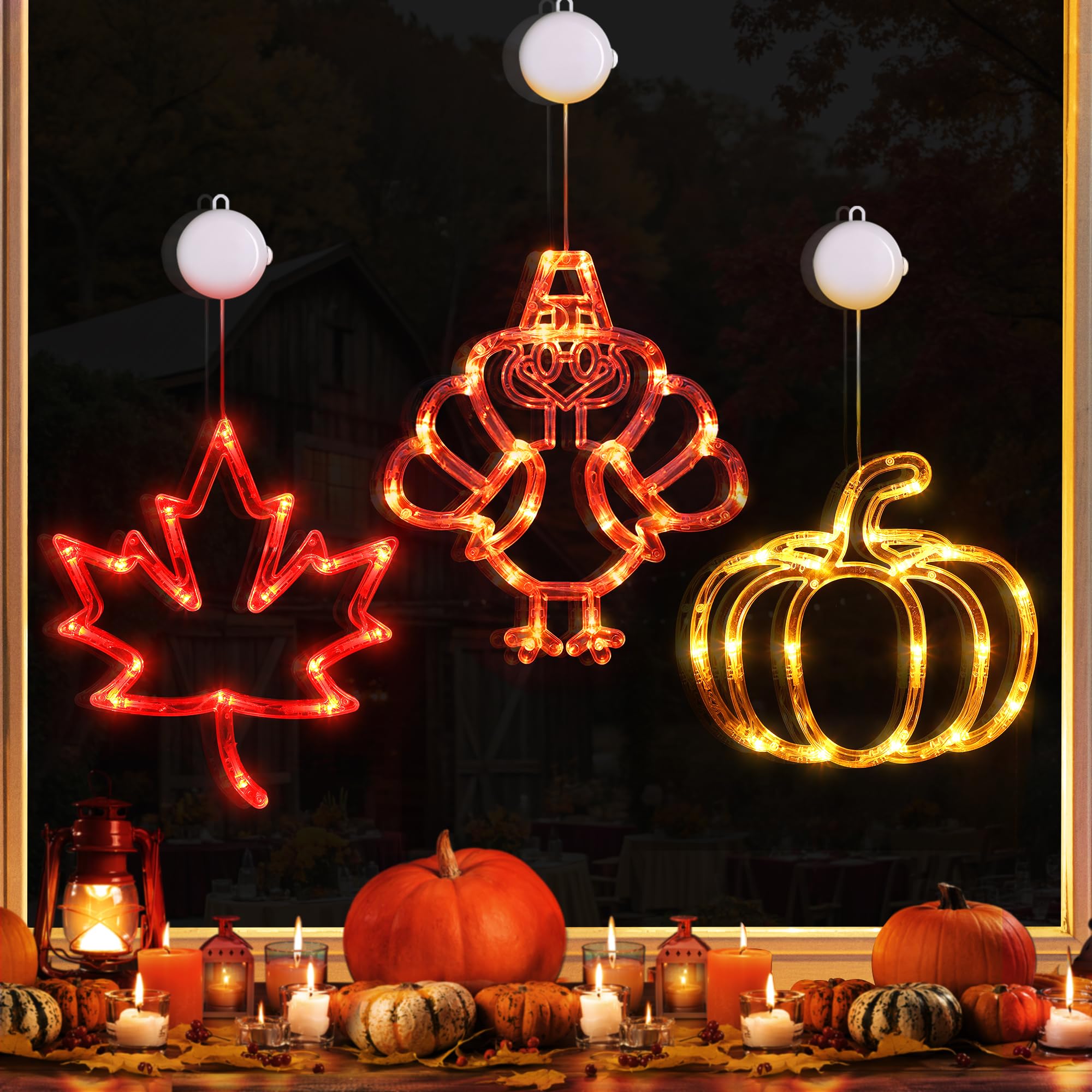 Photo 1 of [Timer] 3 PCS Thanksgiving Lights Turkey Thanksgiving Decorations Lights with Suction Cup, Maple Leaf & Pumpkin Fall Lights Thanks Giving Lighted Window Decorations for Walls Home Fall Decor