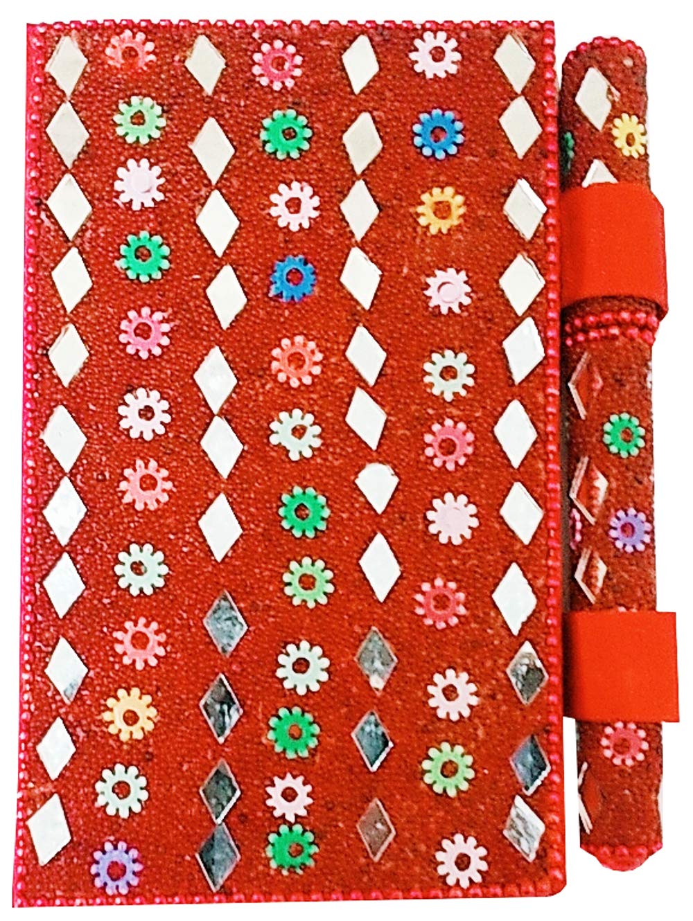 Purpledip Paper Diary and Pen: Handmade Pocket Journal with Mirror-work Cover, Red (11747)