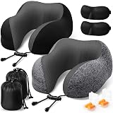 ExploreBliss Travel Pillow, 2 Pack Travel Pillows for Sleeping Airplane, Removable Cover Neck Pillow with Adjustable Clasp, Memory Foam Neck Pillow Set (Dark Grey & Black)