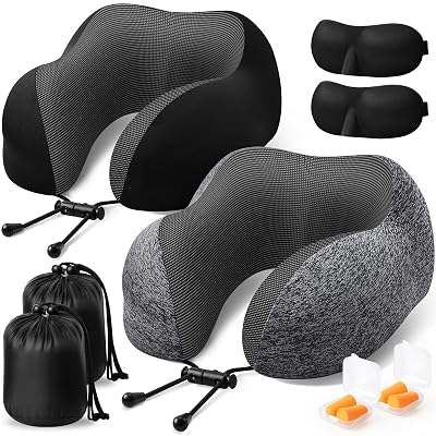 ExploreBliss Travel Pillow, 2 Pack Travel Pillows for Sleeping Airplane, Removable Cover Neck Pillow with Adjustable Clasp, Memory Foam Neck Pillow Set (Dark Grey & Black)