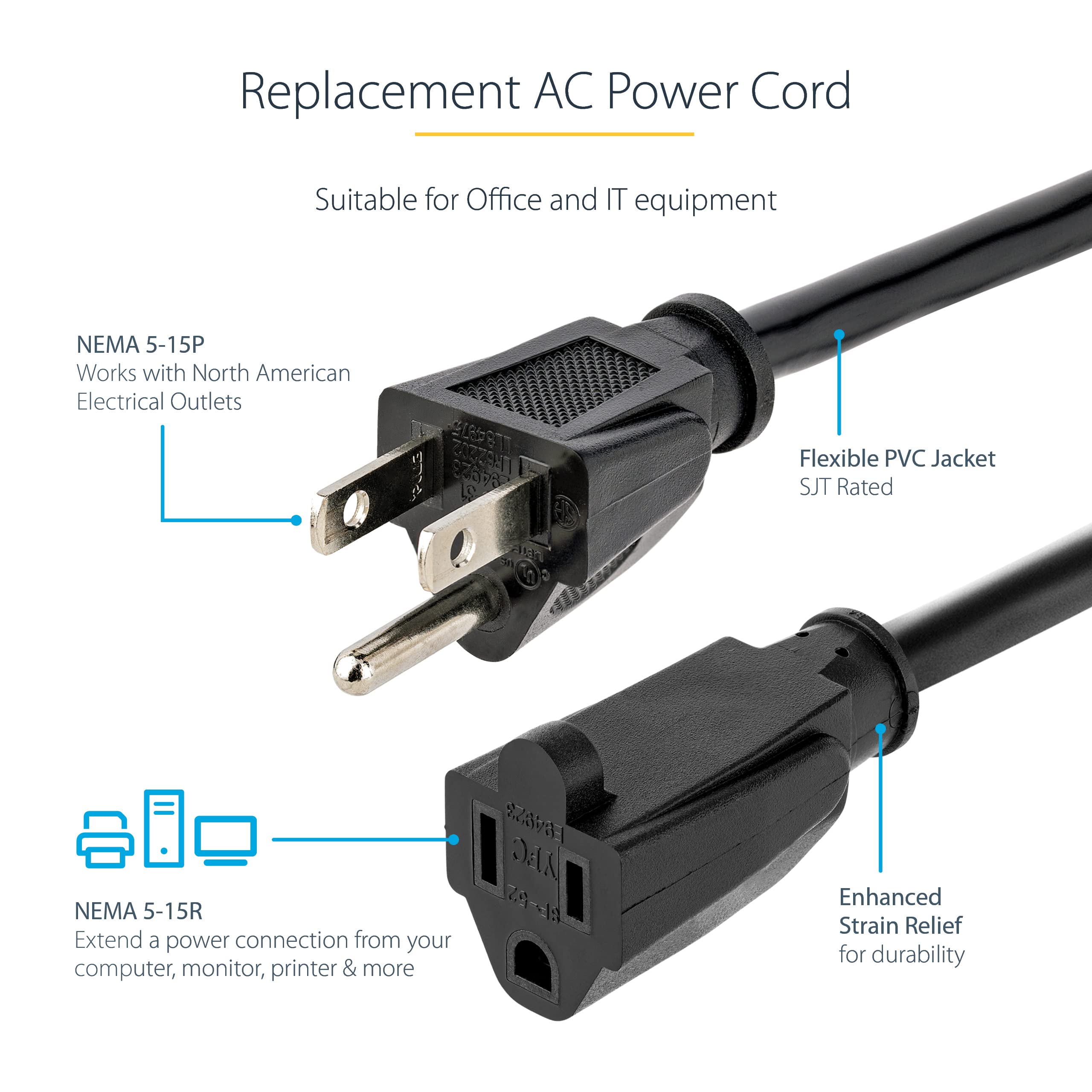 StarTech.com 6ft (1.8m) Heavy Duty Extension Cord, NEMA 5-15R to NEMA 5-15P Black Extension Cord, 15A 125V, 14AWG, Heavy Gauge Power Extension Cable, Heavy Duty AC Power Cord, UL Listed (PAC101146)