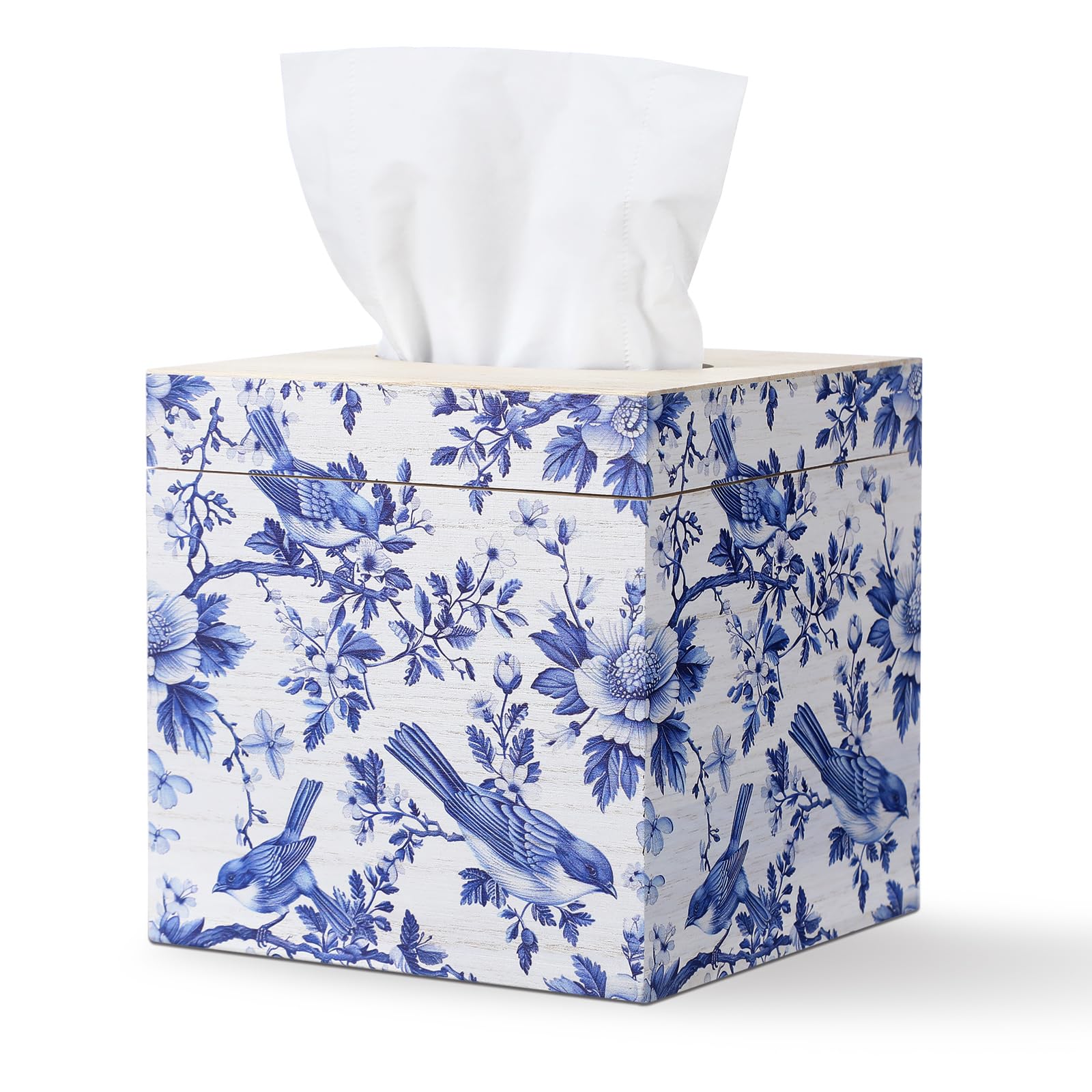 Photo 1 of GlikCeil Blue and White Tissue Box Cover Wooden Floral Bird Vintage Square Tissue Box Holder for Bedroom Bathroom Office Desk Countertop Modern Farmhouse Decor, 6 x 6 x 6 Inch