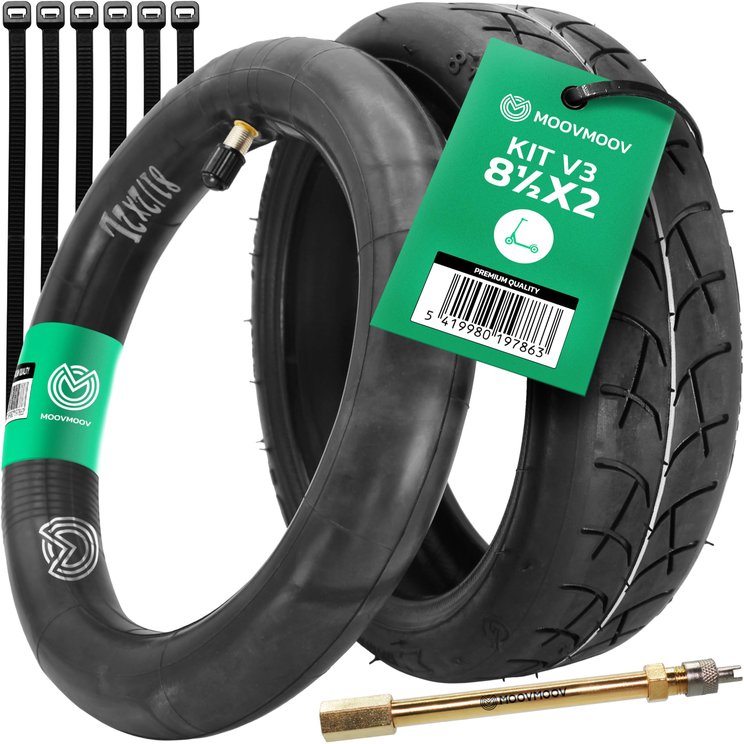 MOOVMOOV - V3 Kit E-Scooter Tyre Set 8 1/2 x 2 for Easy Installation - for Xiaomi M365, Pro & 8.5 inch Wheels - Includes V3 Tyre + Inner Tube 8.5 x 2 + Valve Extension and Zip Ties
