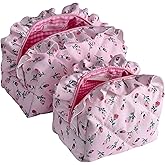 Quilted Pink Rose Makeup Bag Set of 2, Ruffled Cotton Cute Floral Pouches, Large & Small Coquette Pouch for Purse, Travel Cosmetic Organizer Bags, Aesthetic Toiletry Bag, Girly Gifts Women Teen Girls