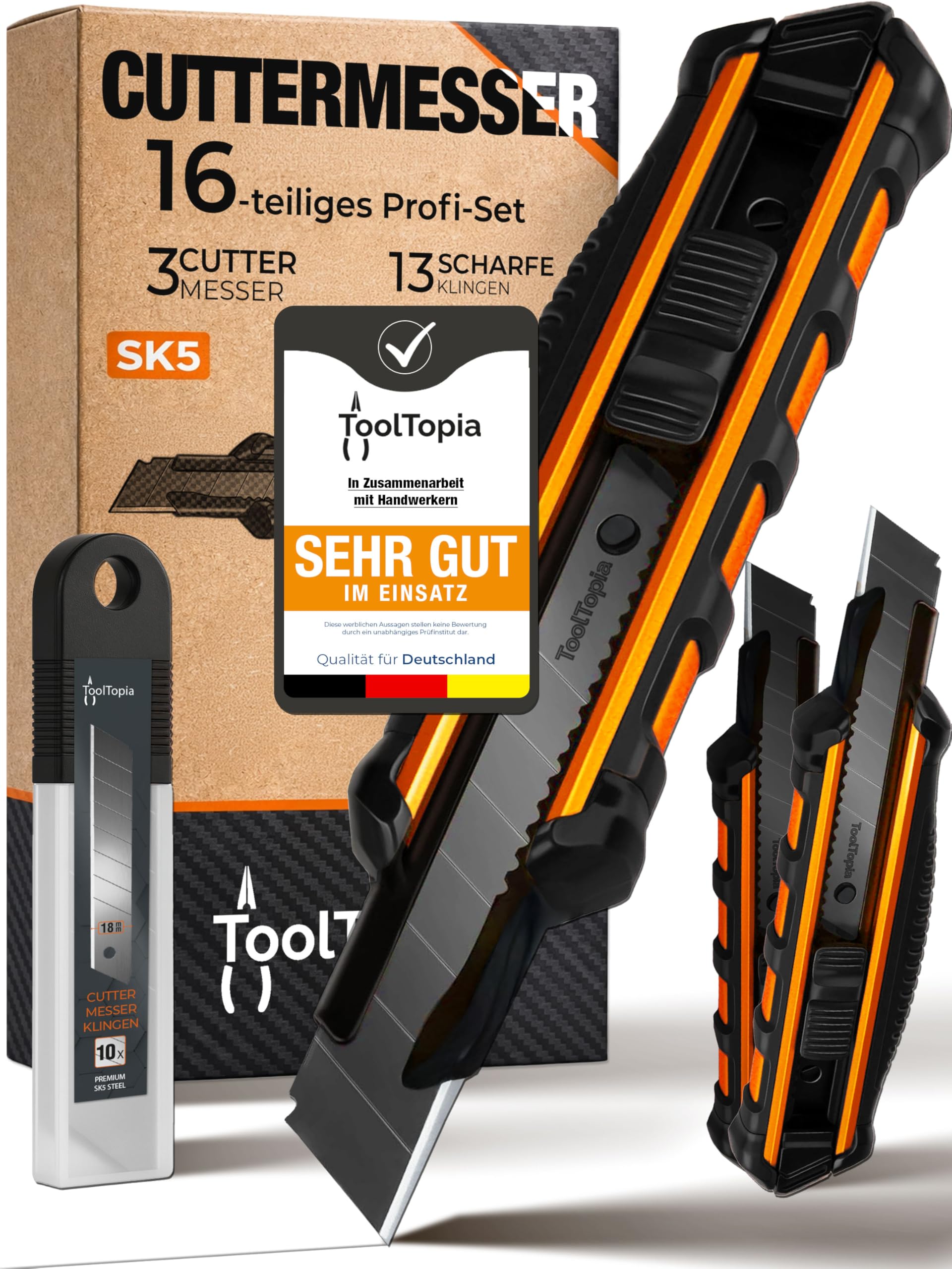 3x Profi Cuttermesser Set – Robuste Cutter Messer & Teppichmesser mit 10 SK5 Cuttermesser Klingen I Vielseitiges Handwerkzeug & Präzisions Utility Knife für Handwerker & Heimwerker ToolTopia