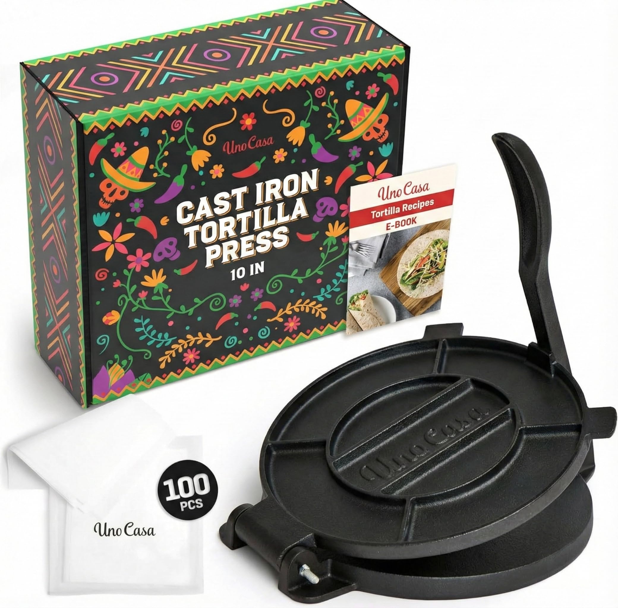 Photo 1 of Uno Casa Cast Iron Tortilla Press 10 Inch - Tortilla Maker Press, Pre-Seasoned Roti Maker with 100 Pcs Parchment Paper - Heavy Duty Quesadilla Maker for Homemade Flatbreads, Rotis, Empanadas