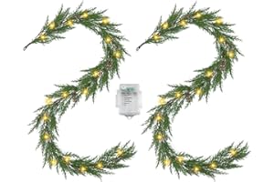 Artgar 2Pcs Christmas Cedar Garland, 6 Ft Realistic Pine Garland, Prelit Christmas Garland with 30 Warm Lights with 8 Light Modes for Mantels Stair Table Indoor Outdoor Winter Xmas Decor (Green 2Pcs)