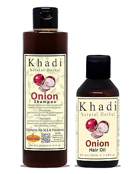 Khadi Natural Herbal Red Onion Hair Oil 100ml and Onion Shampoo 200ml Combo Hair Kit