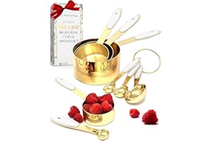 White and Gold Measuring Cups and Spoons Set – 8-Piece Stackable Stainless Steel Measuring Set – Stylish Gold Kitchen Accesso