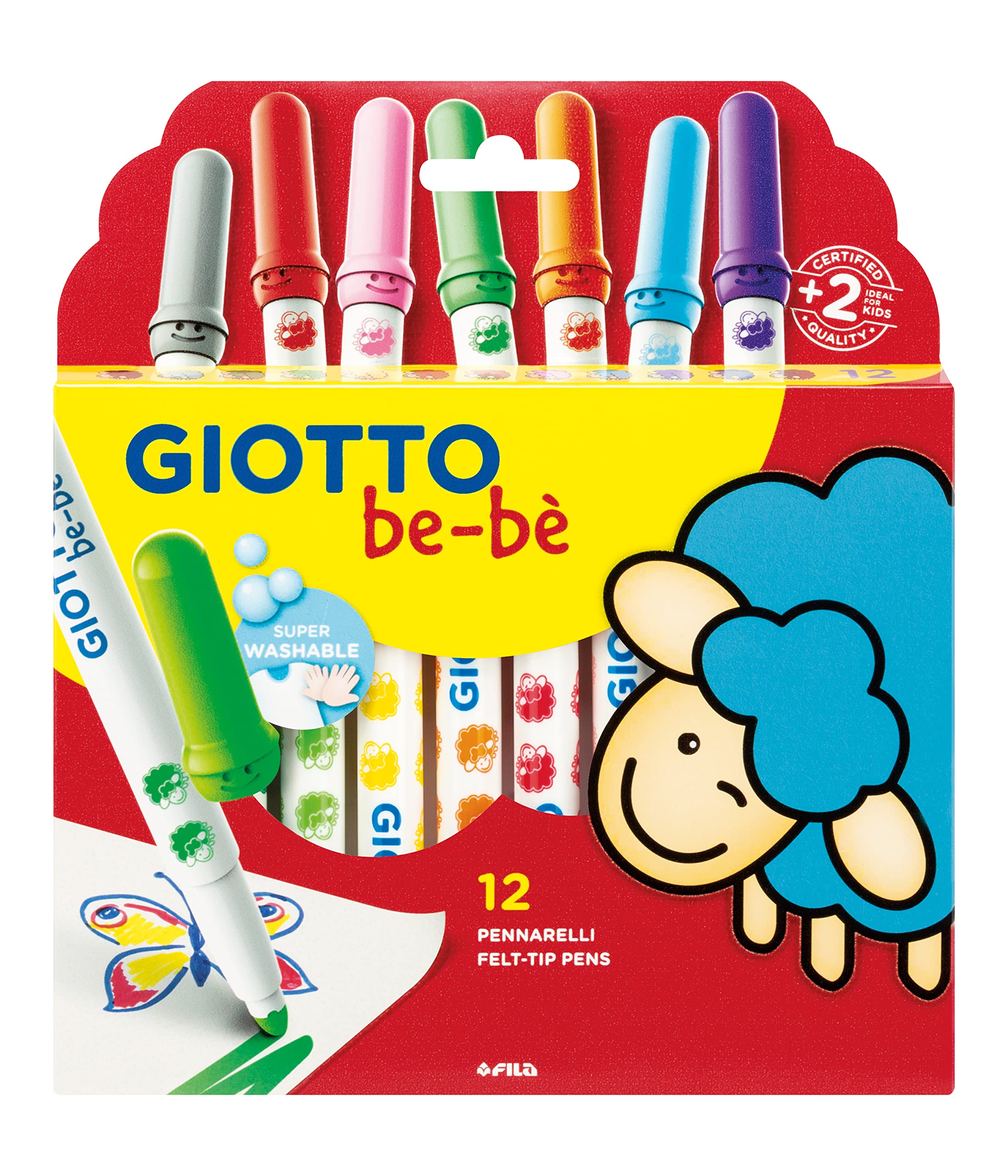 GIOTTO be-bè Felt Tip Pens, 12 Assorted Colours Pack, Super-Washable, Perfect for Young Kids