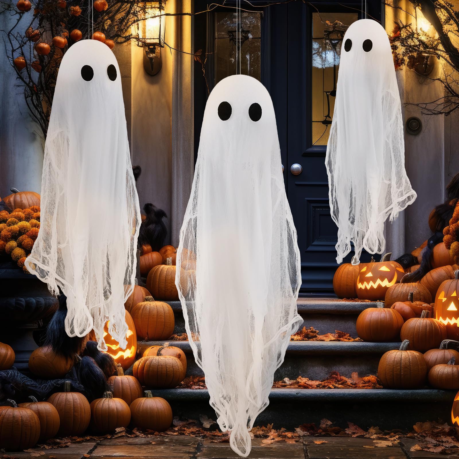 Photo 1 of Simgoing 3 Pack Halloween Decorations Hanging Ghosts, 29.9 Inch Gauze Flying Ghost for Halloween Outdoor Spooky Decorations Front Yard Porch Patio Lawn Garden Trees Party Decoration (Cute)