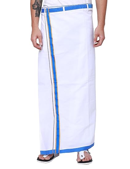 White& Blue Cotton Solid Dhoti