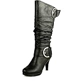 TOP Moda Womens Page-22 Knee High Round Toe Buckle Slouched Low Heel Boots