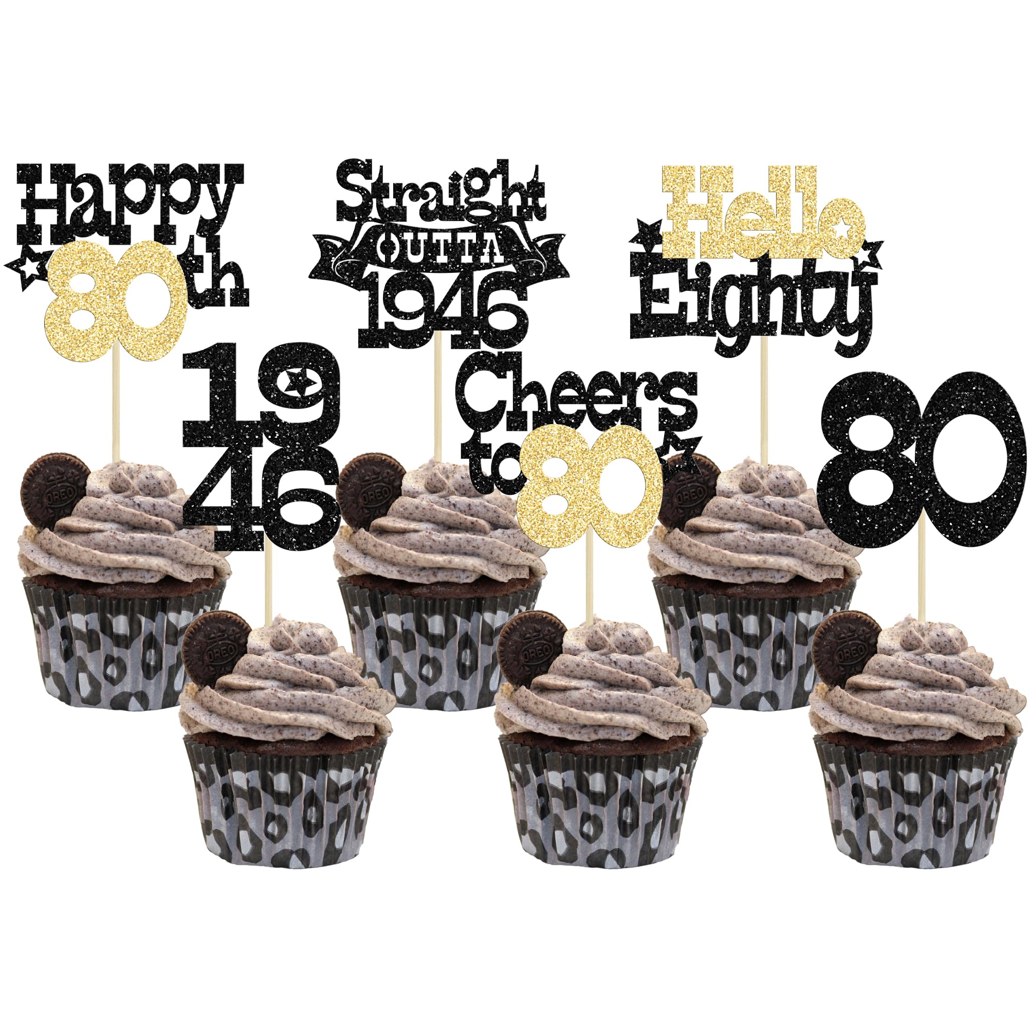 Ephlyn 30Pcs Straight Outta 1946 Cupcake Toppers Glitter Eighty Happy 80th Birthday Cupcake Picks Cheers to 80 Years Cake Decorations for Happy 80th Birthday Anniversary Party Supplies Black Gold — image 1