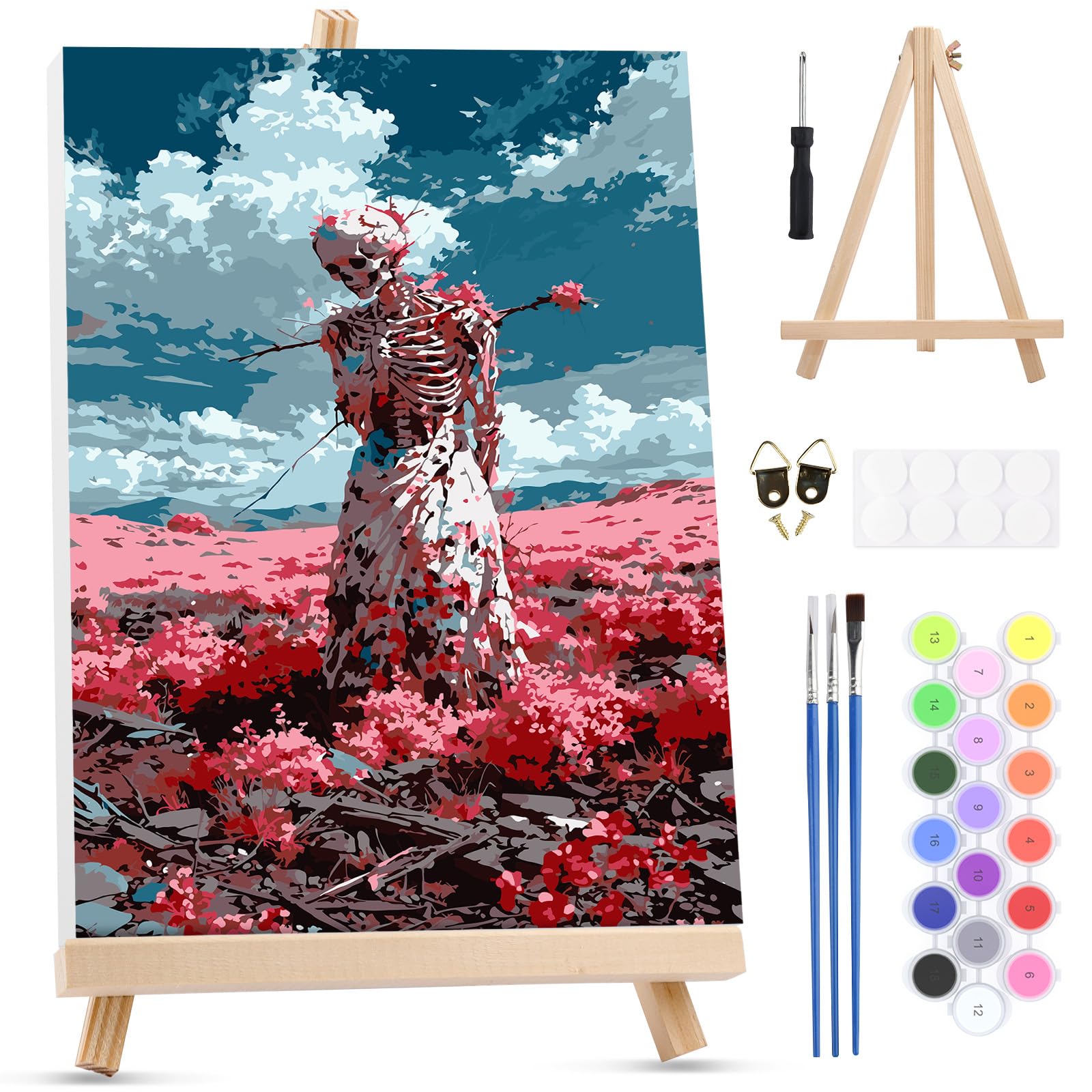 MXJSUA Field Skeleton Framed Paint by Numbers Kit for Adults Beginner with Wooden Easel, Adults' Paint-by-Numbers on Canvas, Easy DIY Acrylic Number Painting for Home Decor Gifts, 20x30cm