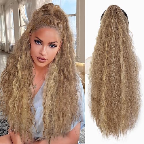 AISI BEAUTY Claw Clip Ponytail Extensions,30 Inch Long Curly Ponytail Extension for Women Fluffy Blonde Highlights Synthetic Ponytail Hairpiece for Daily Use