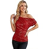 SEVOBA PROM One Shoulder Sequin Tops for Women Off Shoulder Sparkly Shirt Elegant Asymmetrical Ruched Glitter Shirt
