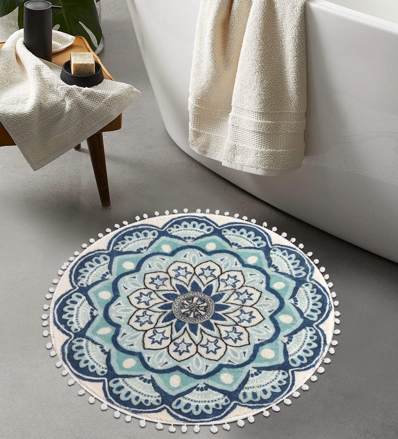 Photo 1 of Uphome Small Round Rug 2.3ft Blue Boho Bathroom Rugs with Pom Pom Fringe Non-Slip Washable Mandala Circle Bath Mat Soft Cute Bohemian Throw Rug for Bedroom Sink Dorm Powder Room