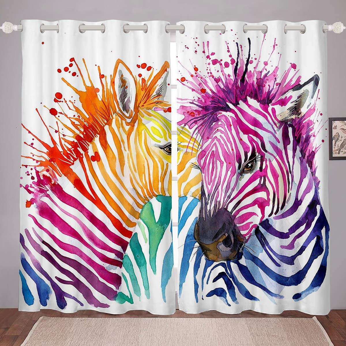 Zebra Room Darkening Curtain Watercolor Horse Print Blackout Curtain for Bedroom for Kids Boys Girls Animal Theme Thermal Curtain 3D Zebra Blackout Drapes Colorful Stripes,W66*L72