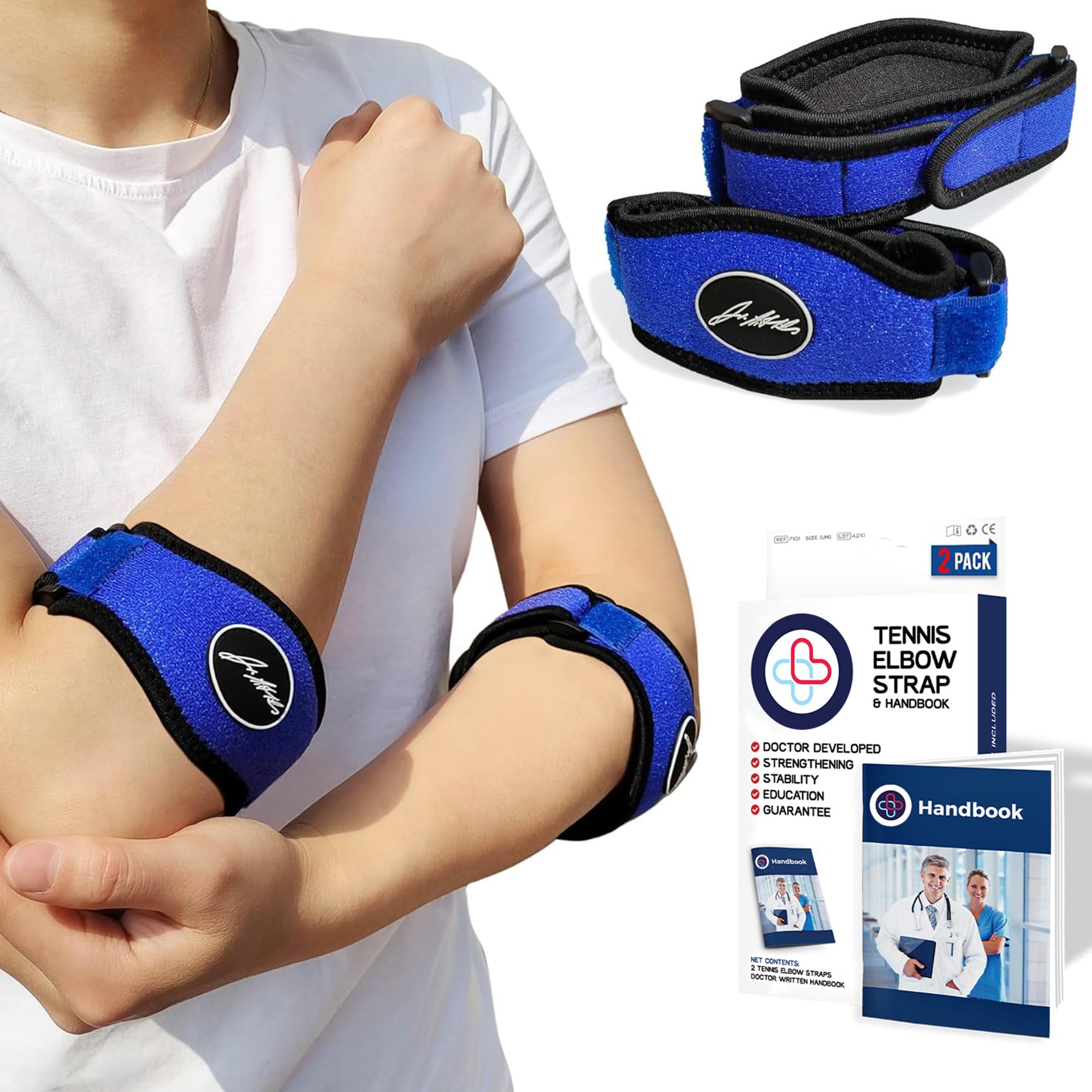 Dr. Arthritis Tennis Elbow Support Strap & Doctor Handbook - Reliable Elbow Support For Men & Women - Adjustable Elbow Brace For Daily Wear, Gym, Sports,(Blue)