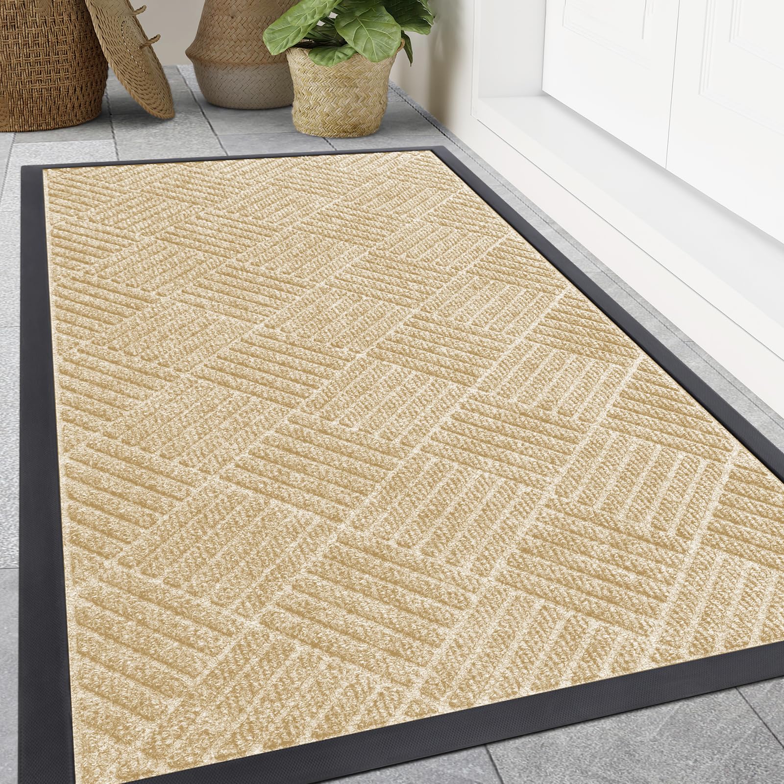 Smiry Front Door Mat Outside Entrance, Heavy Duty Outdoor Indoor Natural Rubber Doormat, Non Slip, Trap Dirt and Moisture, Easy Clean, Low Profile Patio Porch Entryway Mat, 59x35, Beige Image