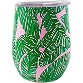 Lilly Pulitzer 12 Oz Insulated Tumbler with Lid, Yellow/Green Stainless Steel Travel Wine Glass, Double Wall Metal Cup (Let's Go Bananas)