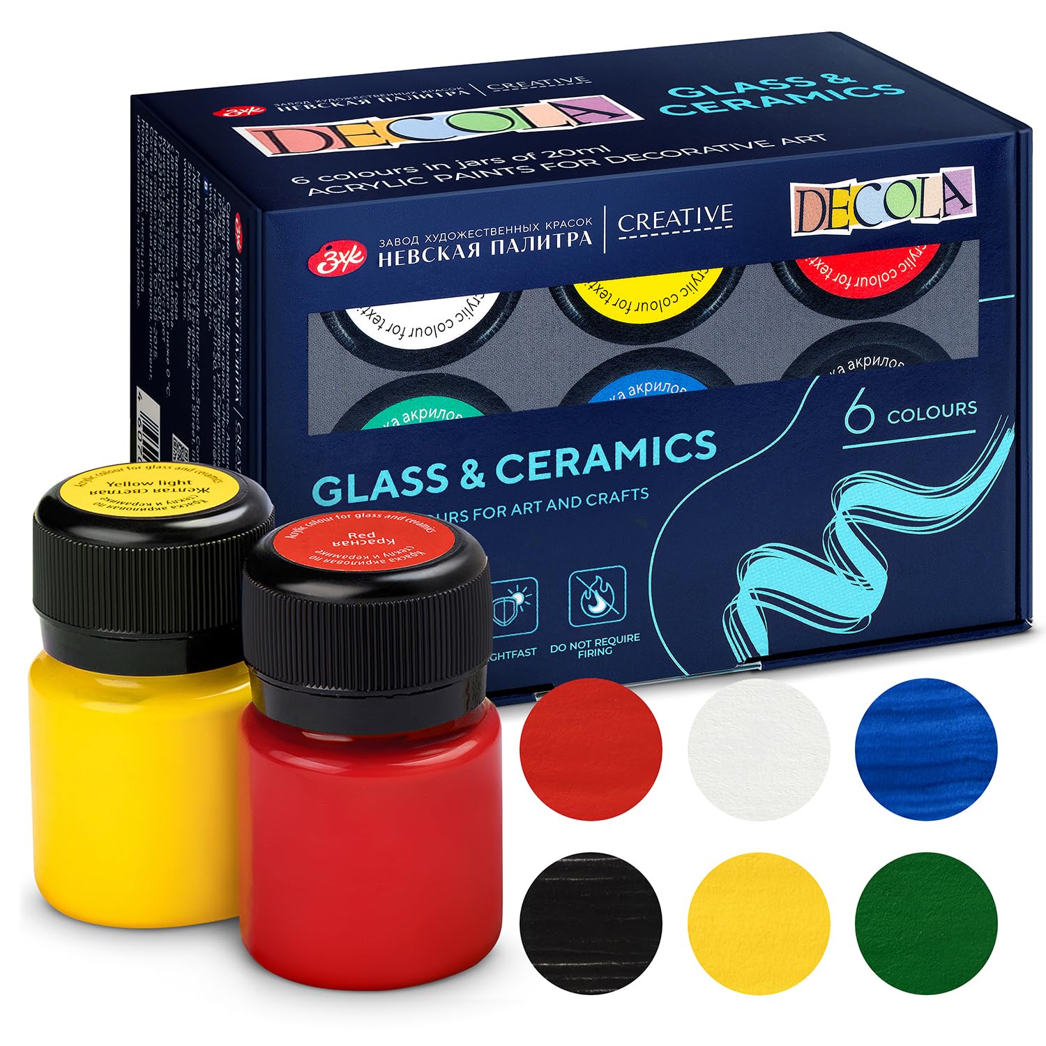 Decola 6 Porcelain Colours Set | 6x20ml Glass And Ceramic Permanent Paint | High Coverage On Dark Surfaces | Made By Nevskaya Palitra