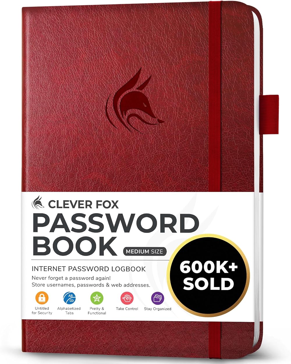 Clever Fox Password Book with Alphabetical Tabs - Medium, Wine Red