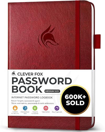 Clever Fox Password Book with Alphabetical Tabs - Medium, Wine Red