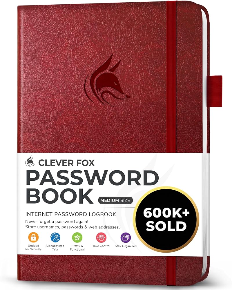 Clever Fox Password Book with Alphabetical Tabs - Medium, Wine Red