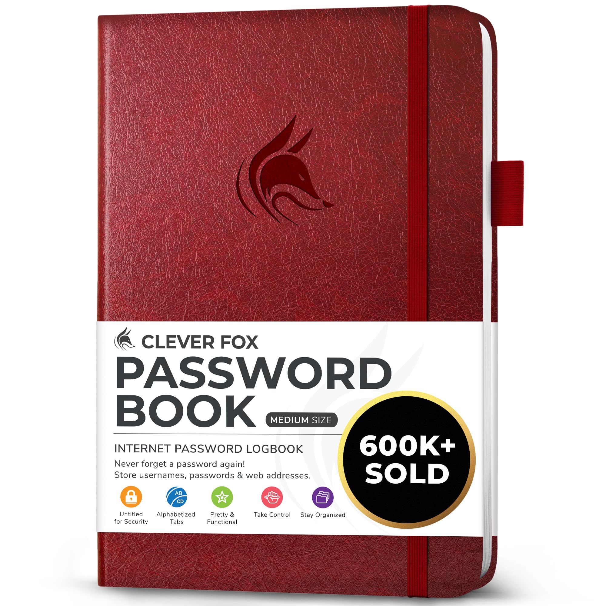 Clever Fox Password Book with alphabetical tabs. Internet Address Organizer Logbook. Medium Password Keeper for Website Logins (Wine Red)