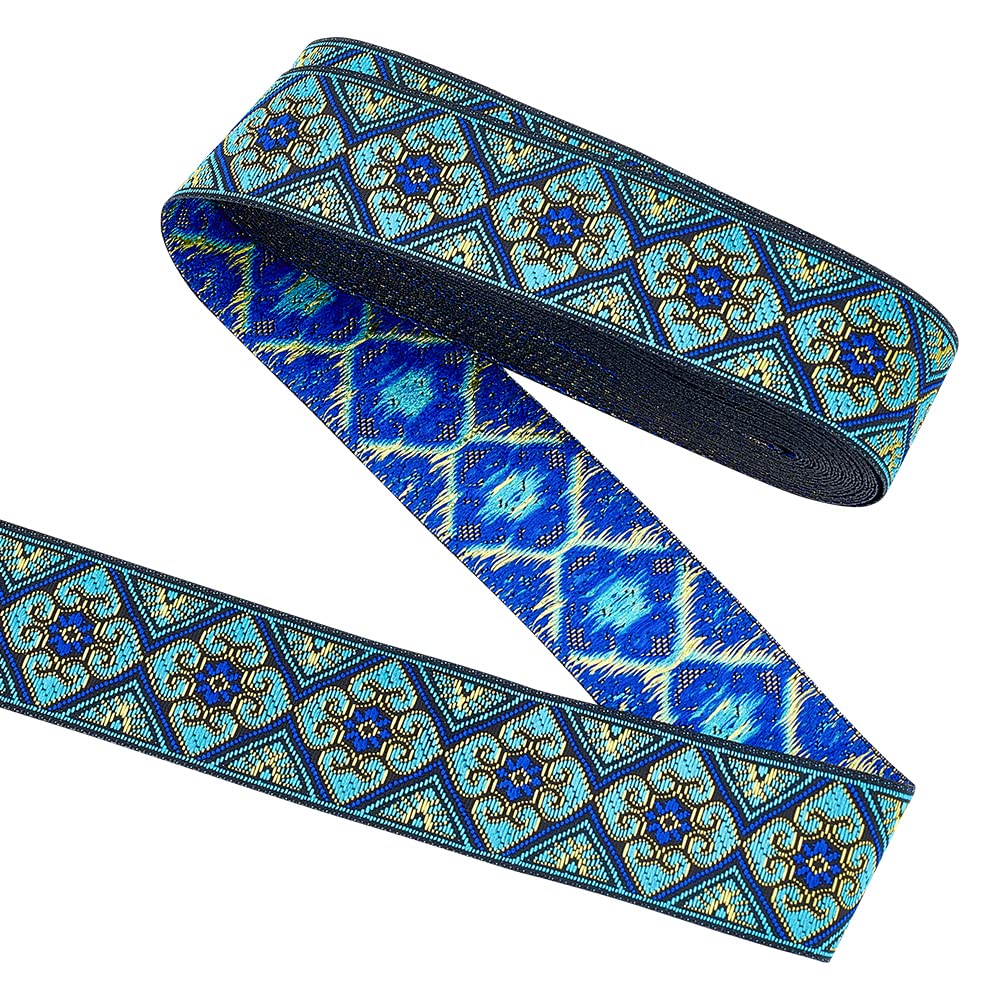 FINGERINSPIRE 7m Blue Ethnic Style Jacquard Ribbon 34mm Wide Rhombus Floral Pattern Woven Trim Vintage Embroidery Polyester Ribbons Fabric Trim for Sewing Craft, Gift Wrapping, Clothing