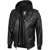 Decrum Mens Leather Jacket - Detachable Hood Stylish Real Lambskin Leather Bomber Jacket Men