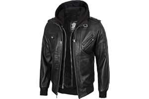 Decrum Mens Leather Jacket - Detachable Hood Stylish Winter Leather Bomber Jacket Men