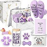 Qinyoung 12 Pcs Christmas Dog Mom Gifts for Women Purple Mom Birthday Gifts for Dogs Lover 17oz Tumbler Cup Gift Basket Scented Candle Socks Hair Clip Key Chain Greeting Card for Mothers Day, Xmas