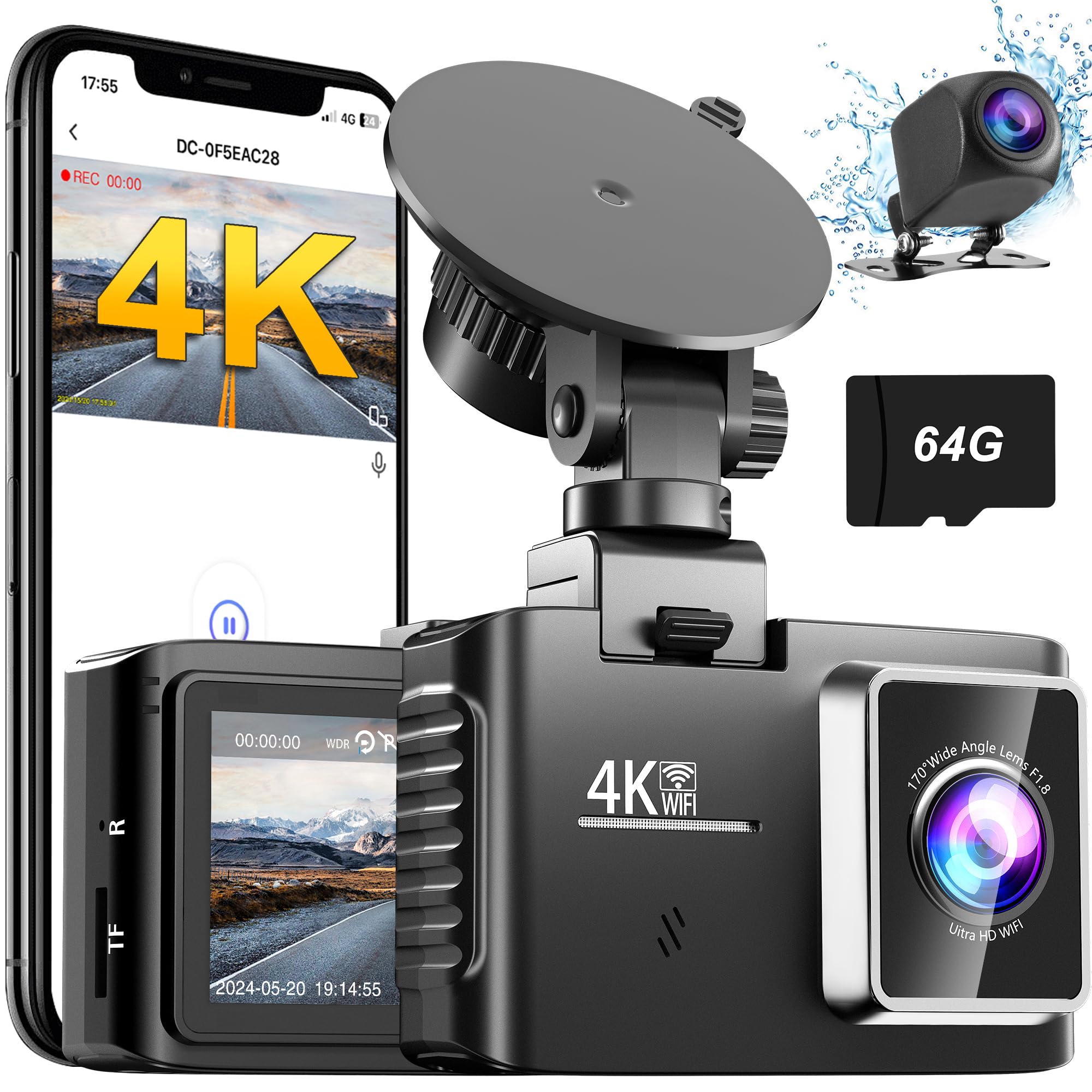 Photo 1 of Dash Cam Front and Rear, 4K/2.5K FHD Dash Camera for Cars, Built-in 5GHz Wi-Fi, Included 64 GB Card, 2’’ IPS Screen, Loop Recording, G-Sensor, Night Vision, 170°Wide Angle, WDR, Parking Monitor