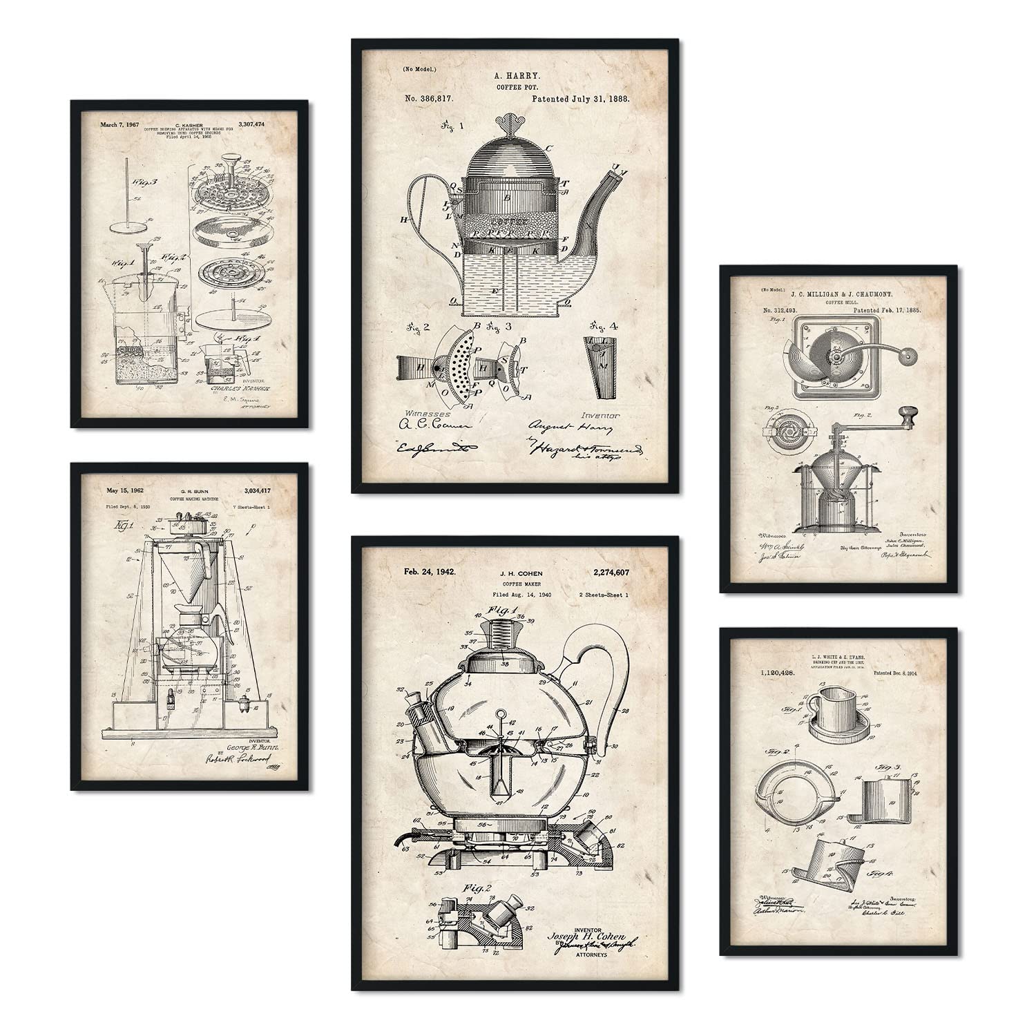 Nacnic Set of 6 Coffee Maker patent prints. Posters with retro patent illustrations for your home, shop, office... Vintage style interior decoration. A4 and A3 sizes. No frame.