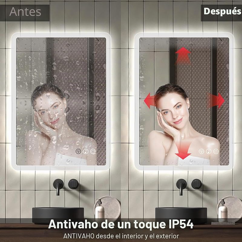 Bluetooth Espejo Baño con Luz 50x70cm, Espejos de Baño con LED con Antivaho, Regulable, 3 Colores Luz, Función Memoria